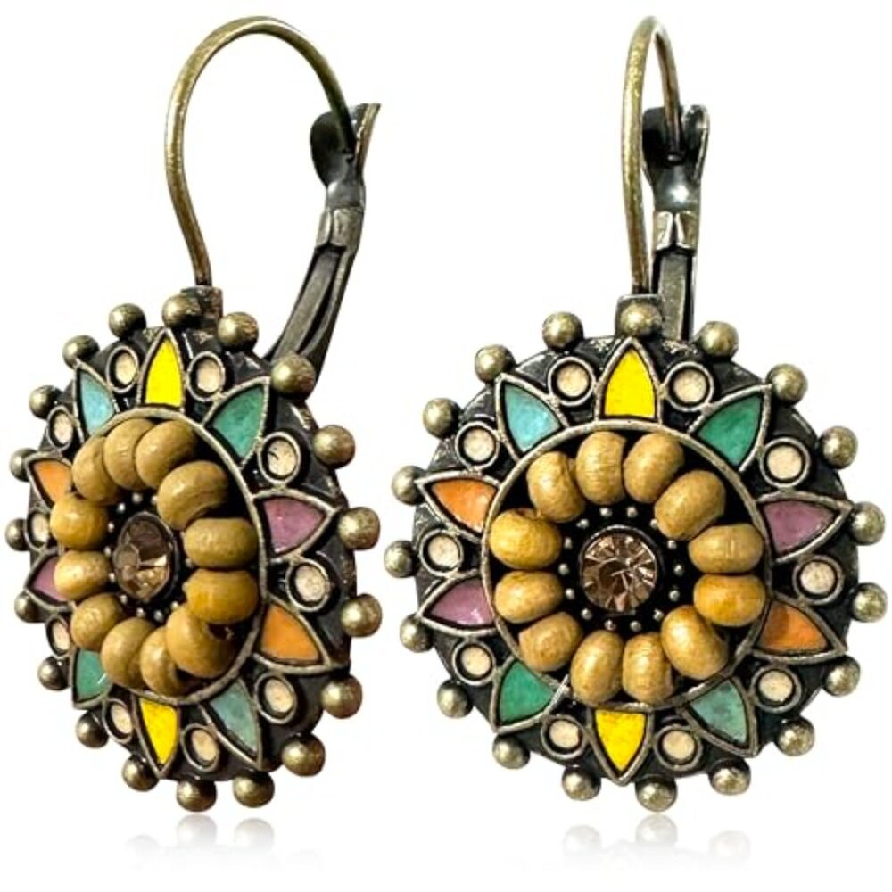 Bohemian Vintage Bronze Geometry Round Enamel Flower Dangle Hoop